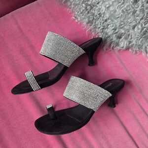 Jeffrey Campbell Black Crystal Embellished Kitten Heel Slide Sandals